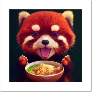 Kawaii Red Panda Eating Ramen Posters and Art